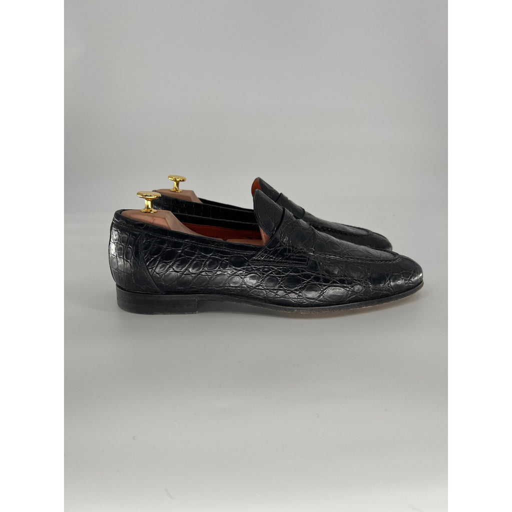Santoni Duke Loafers in Black Alligator