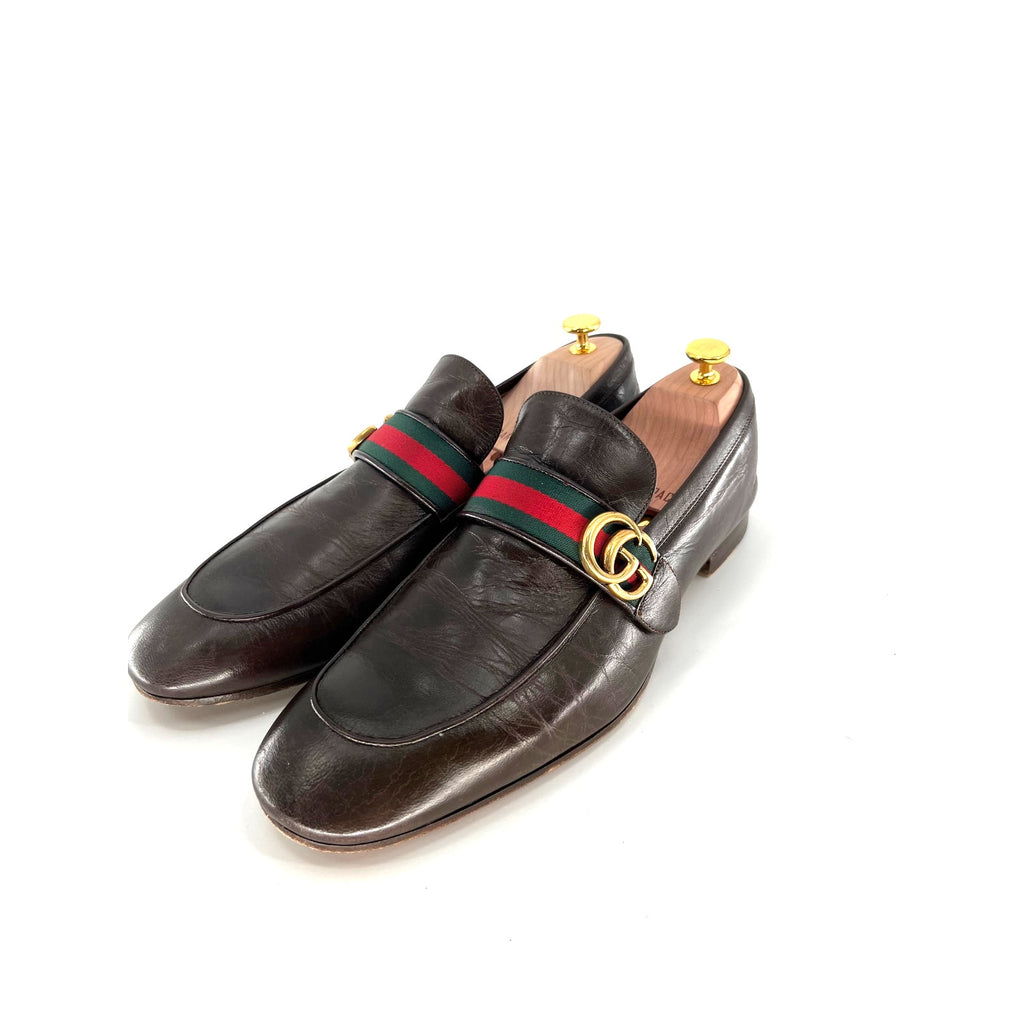 Gucci Donnie Loafers in Dark Brown Leather with Web Stripe – Size 12