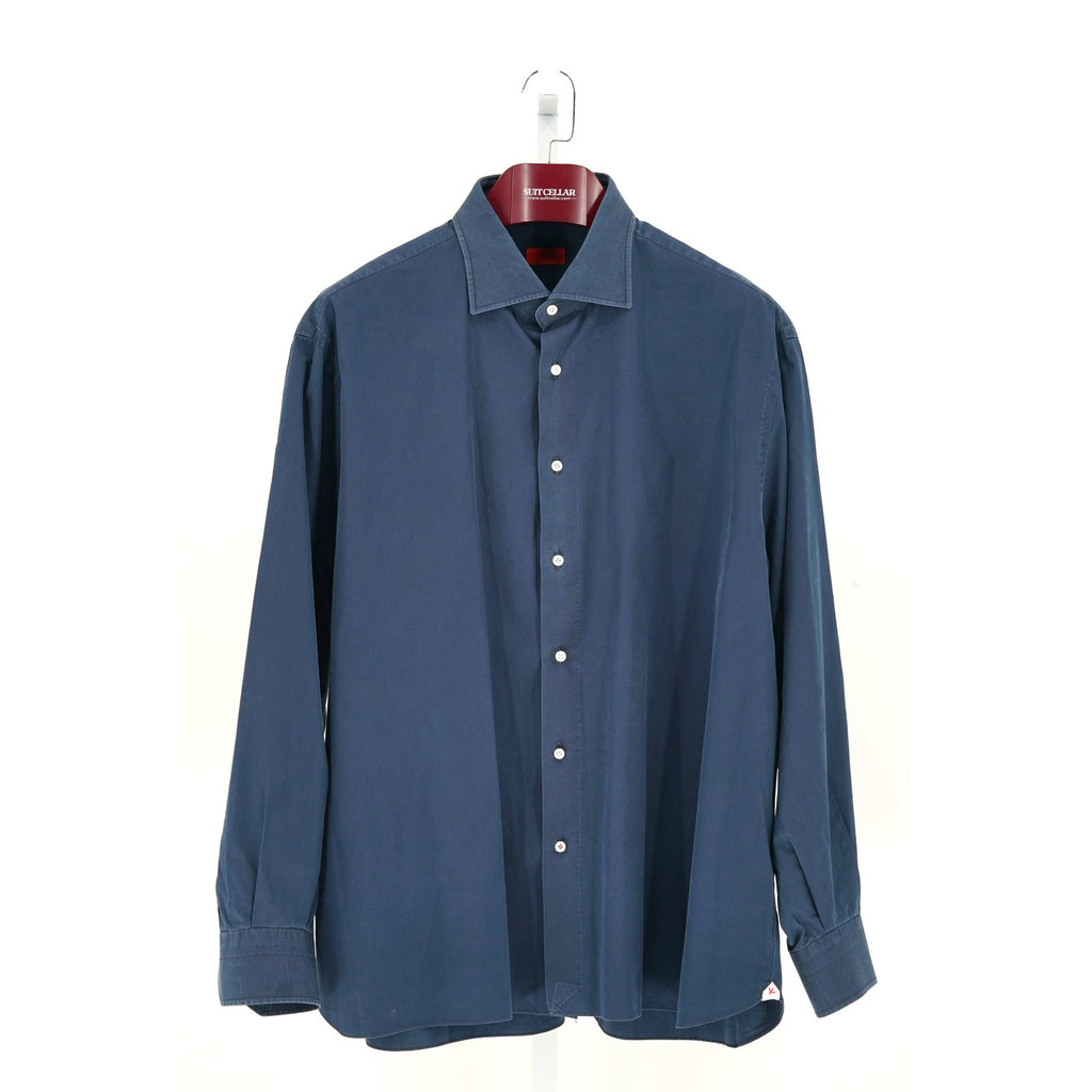 ISAIA Solid Navy Blue 100% Cotton Dress Shirt - Unmarked, Fits US XXL