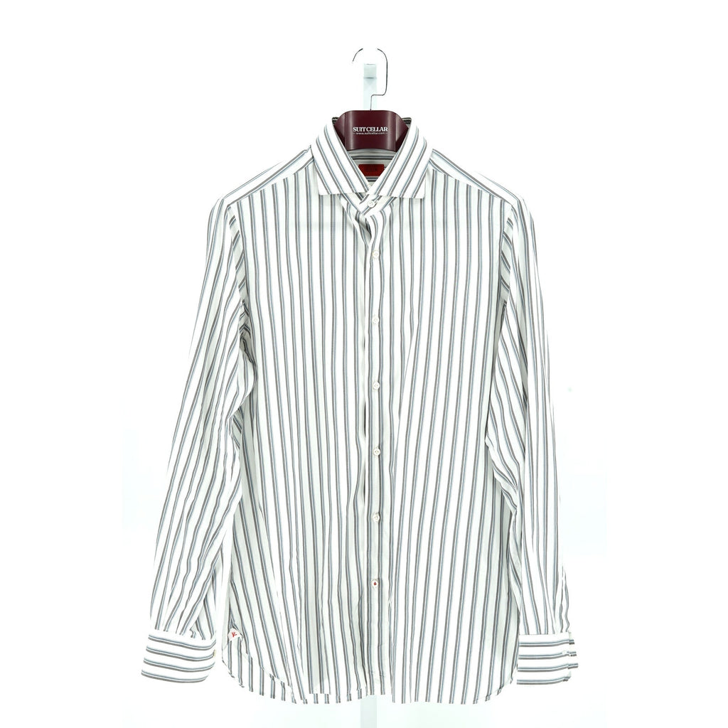 ISAIA White Striped 100% Cotton Dress Shirt - Size 43/17