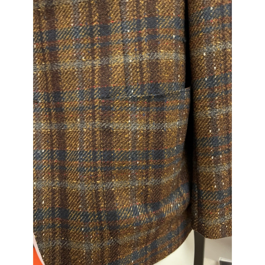 Belvest Tailoring Style Brown & Blue Plaid Tweed Sport Coat 46R