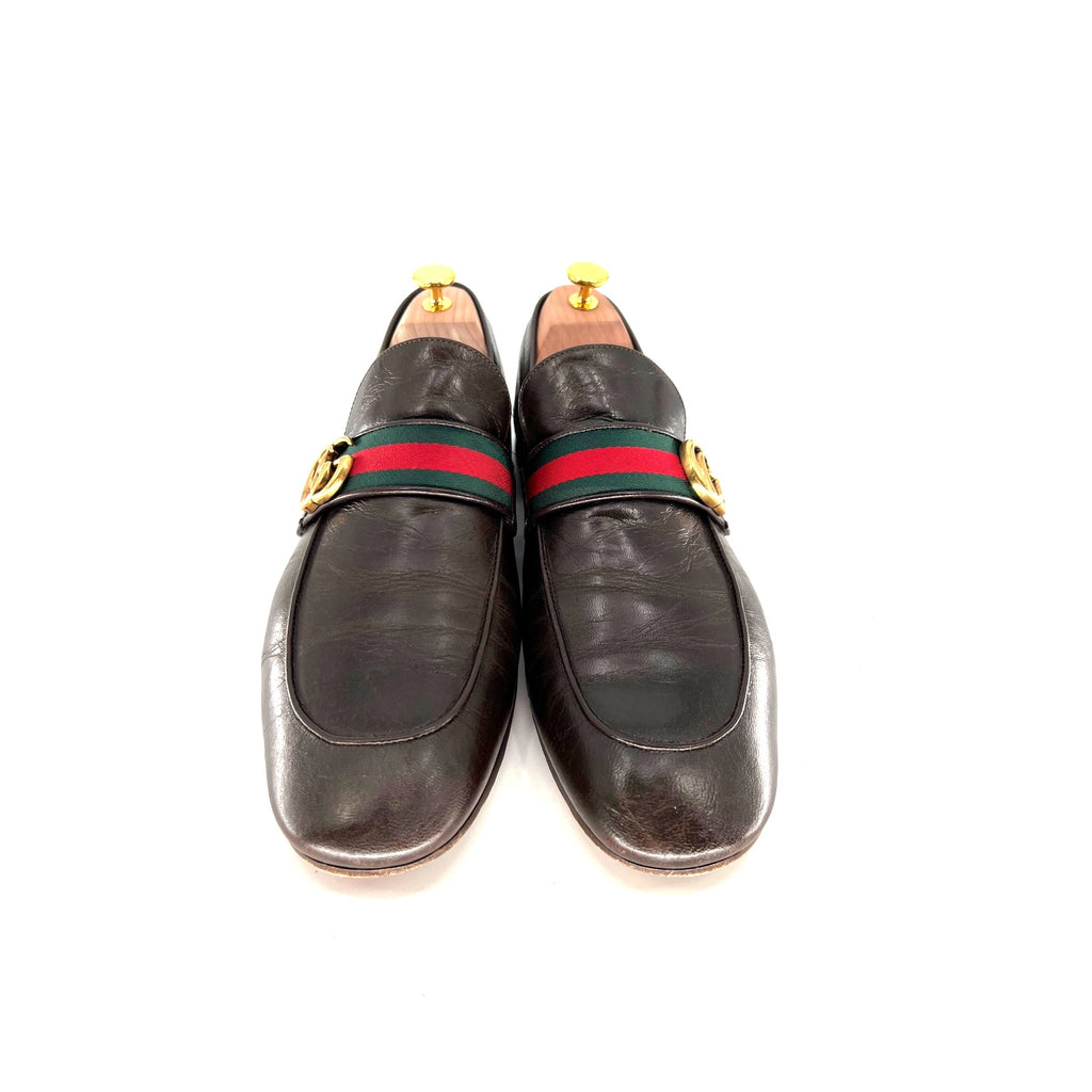 Gucci Donnie Loafers in Dark Brown Leather with Web Stripe – Size 12