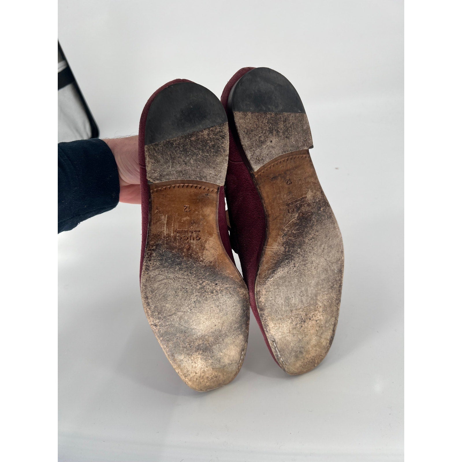 Gucci Jordaan Burgundy Suede Horsebit Loafers Green Red Web Gold Bit UK 12 / US 13