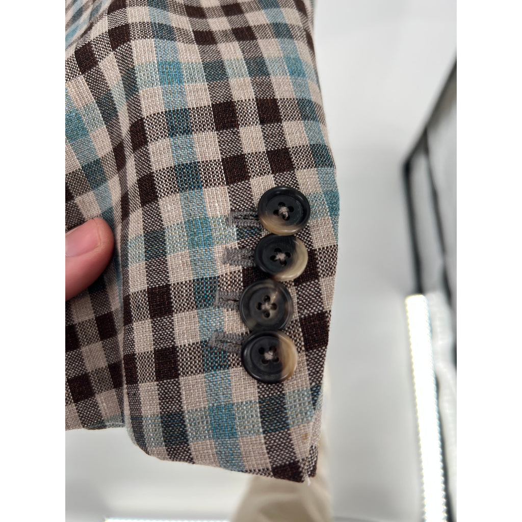 ISAIA Napoli Brown & Teal Check Wool Linen Sport Coat - Size 56IT (46US)