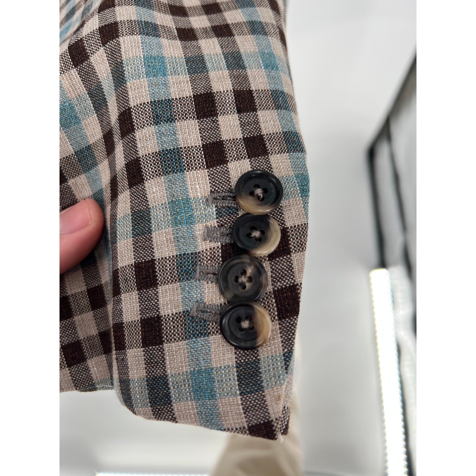 ISAIA Napoli Brown & Teal Check Wool Linen Sport Coat - Size 56IT (46US)