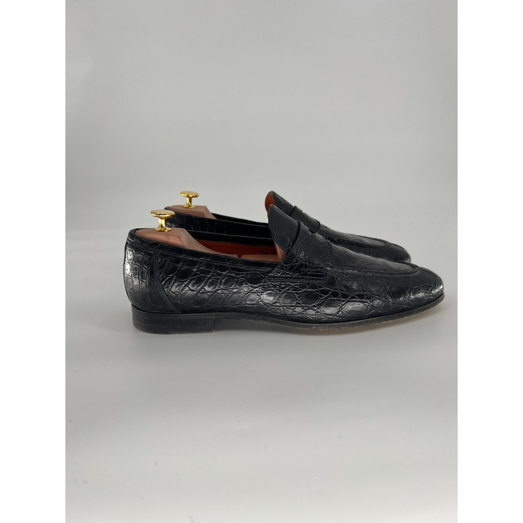 Santoni Duke Loafers in Black Alligator