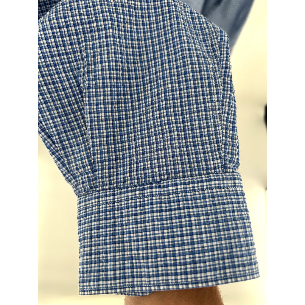 Zegna Blue-White Seersucker Patterned 100% Cotton Dress Shirt - Size XL