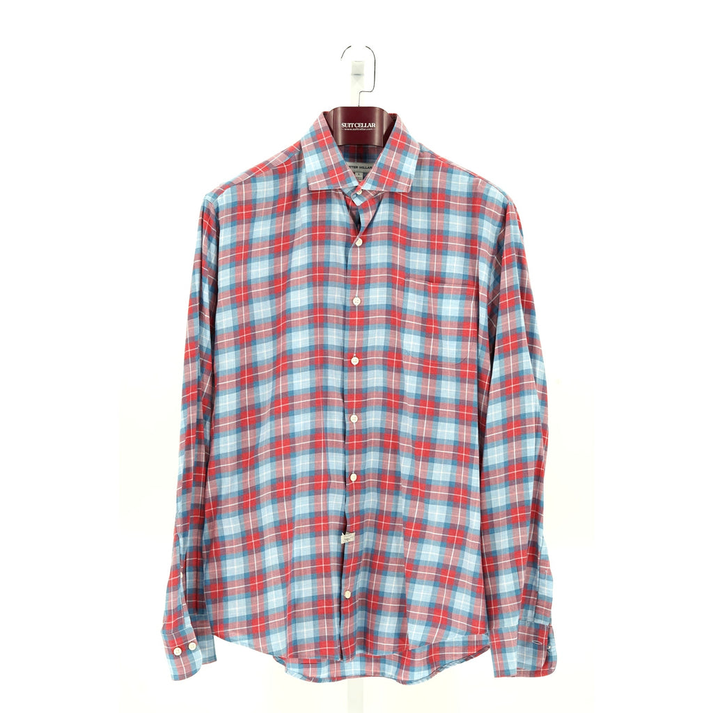Peter Millar Red-Blue Checkered 100% Cotton Dress Shirt - Size L