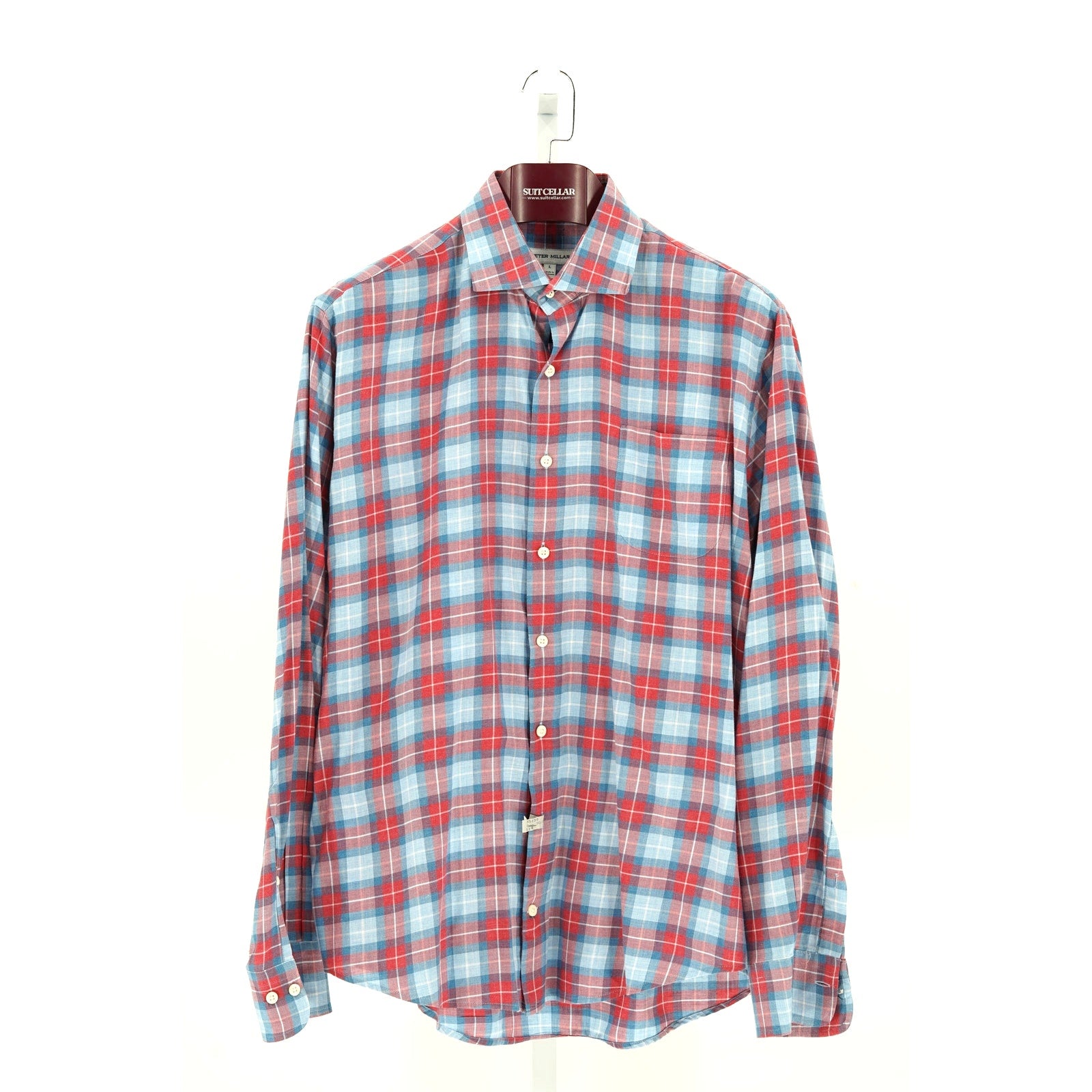 Peter Millar Red-Blue Checkered 100% Cotton Dress Shirt - Size L