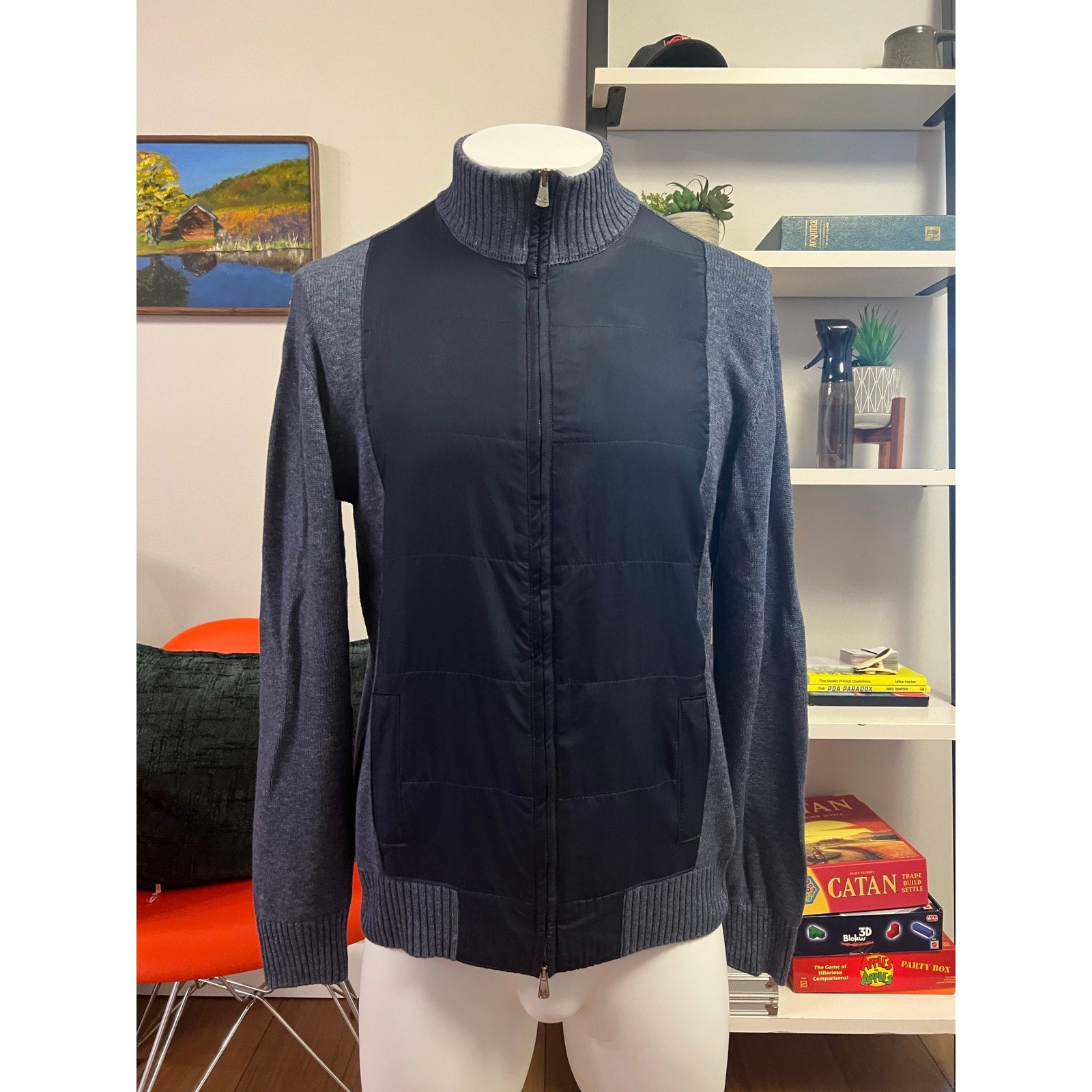 ISAIA Napoli Mixed Media Zip-up Sweater in Blue - Size XL