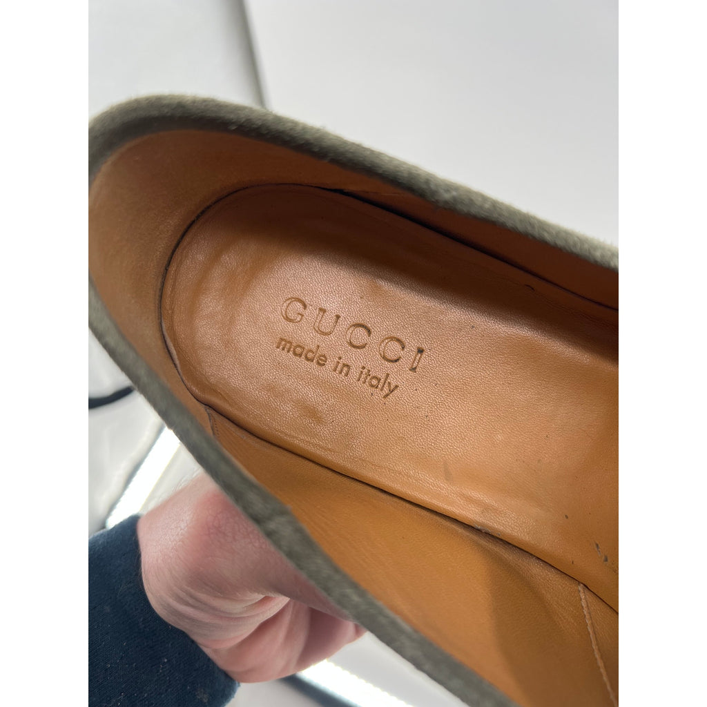 Gucci Brixton Sage Suede Horsebit Loafers Green Red Web Gold Bit UK 12 / US 13