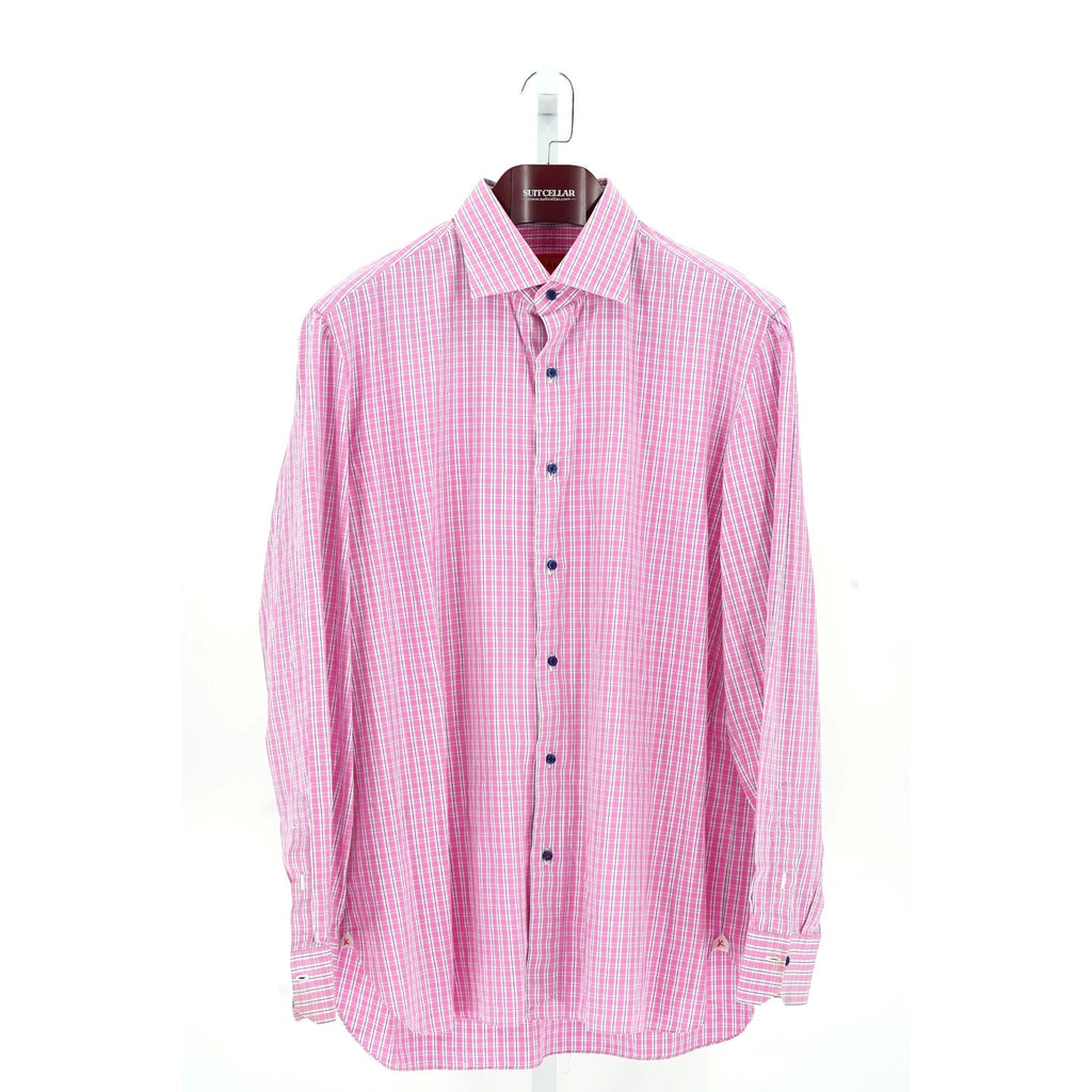 ISAIA Pink Plaid 100% Cotton Dress Shirt - Size 17/43