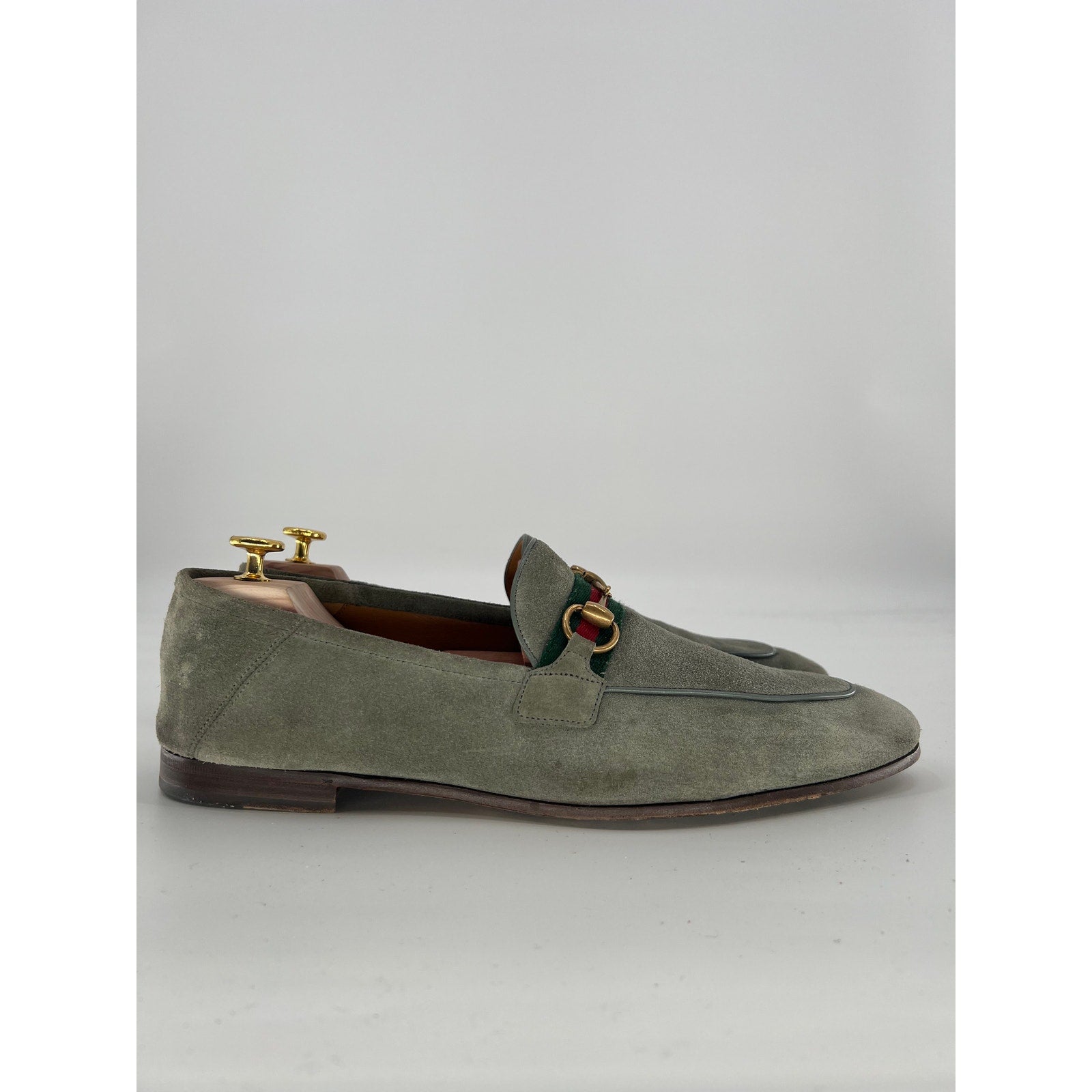 Gucci Brixton Sage Suede Horsebit Loafers Green Red Web Gold Bit UK 12 / US 13