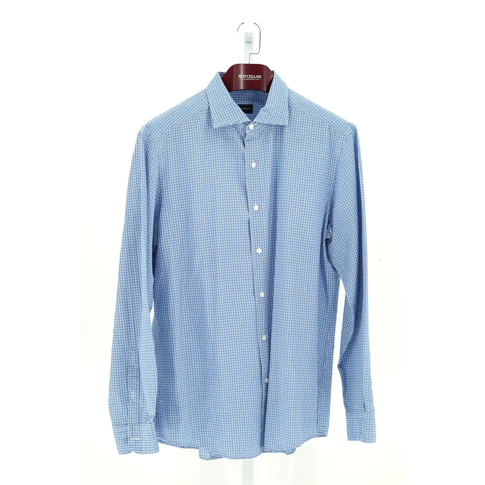 Zegna Blue-White Seersucker Patterned 100% Cotton Dress Shirt - Size XL