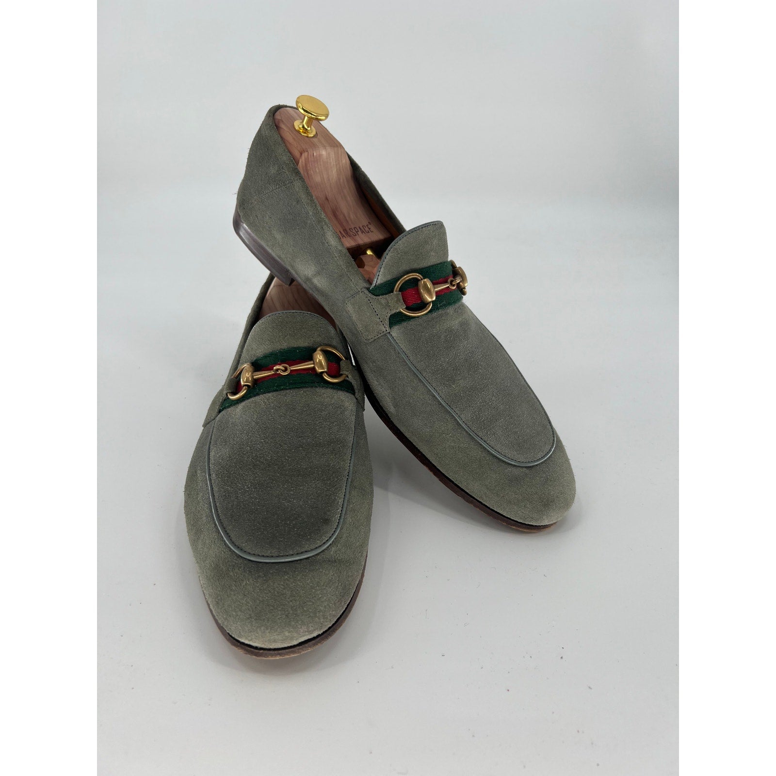 Gucci Brixton Sage Suede Horsebit Loafers Green Red Web Gold Bit UK 12 / US 13
