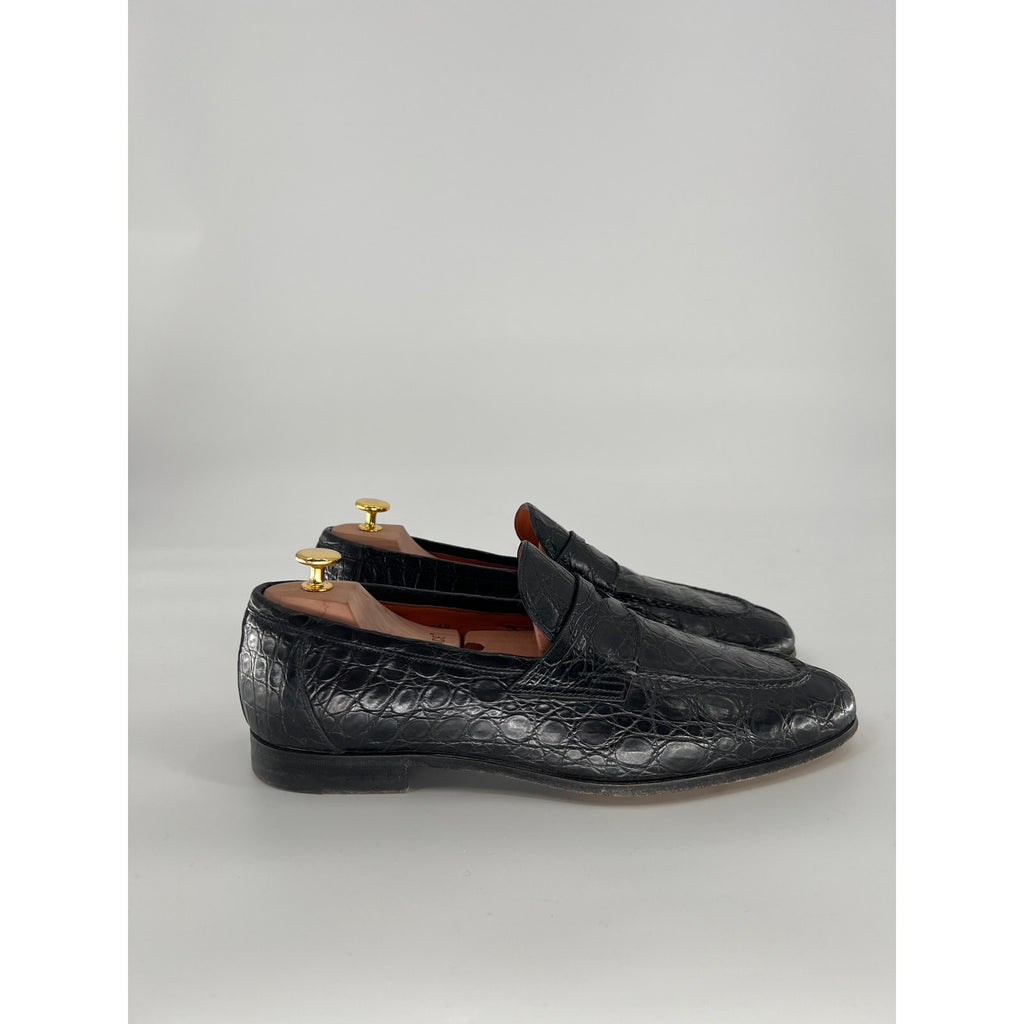 Santoni Duke Loafers in Black Alligator