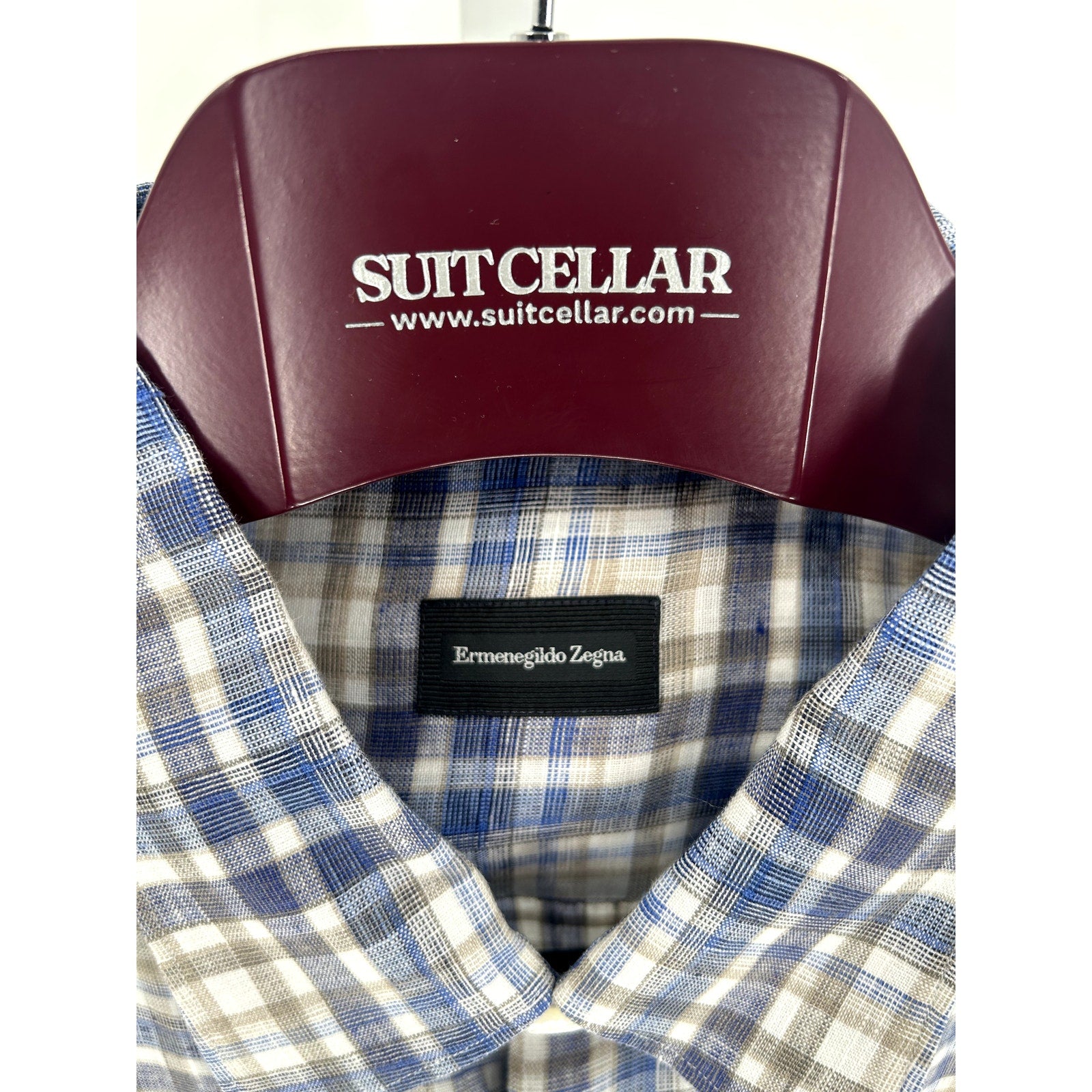 Zegna Blue-White-Light Brown Plaid Dress Shirt
