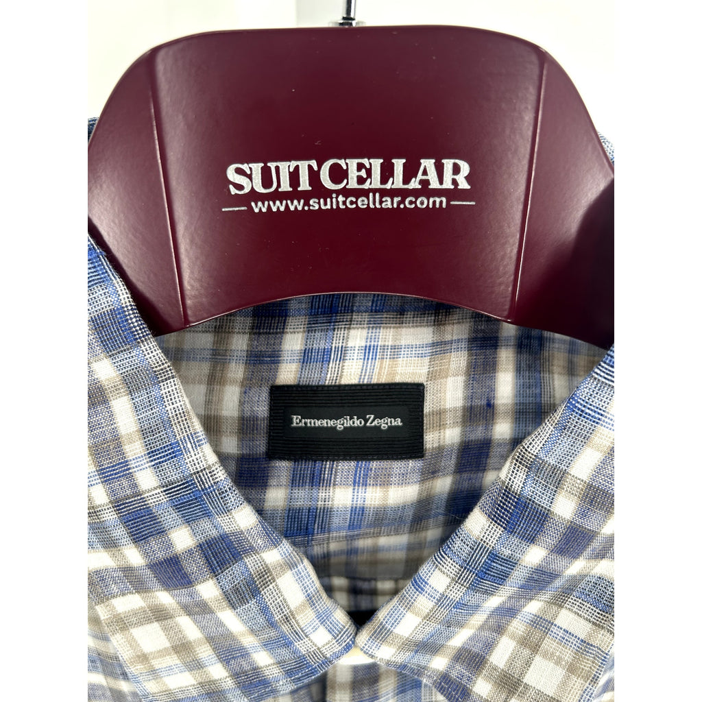 Zegna Blue-White-Light Brown Plaid Dress Shirt - Size XXL