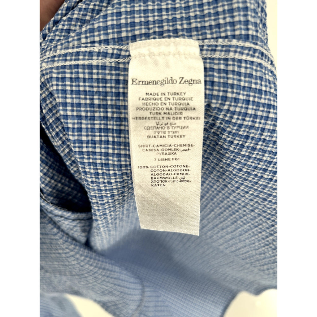 Zegna Blue-White Seersucker Patterned 100% Cotton Dress Shirt - Size XL