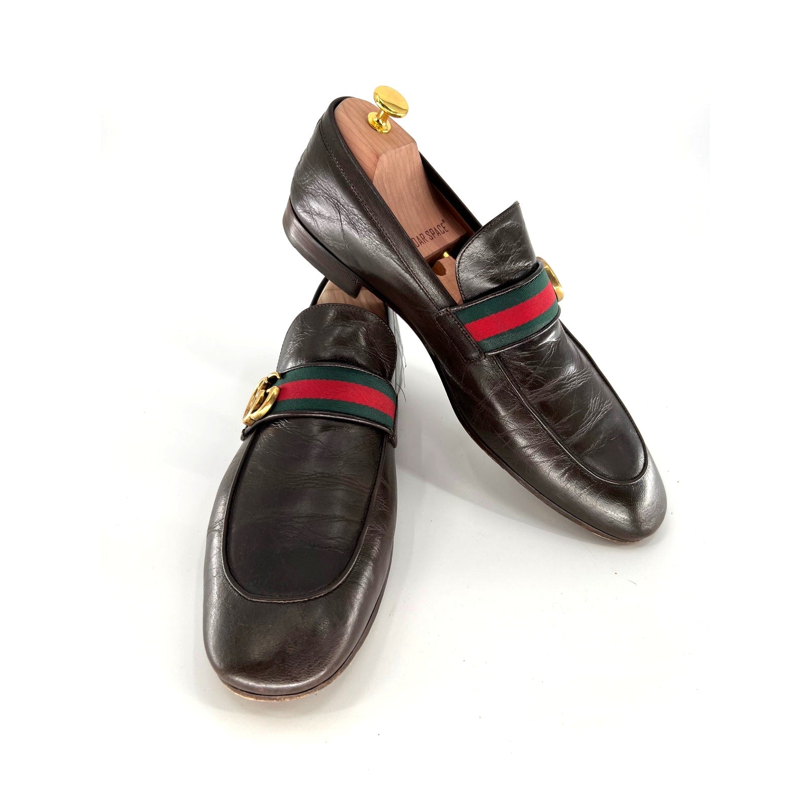 Gucci Donnie Loafers in Dark Brown Leather with Web Stripe – Size 12