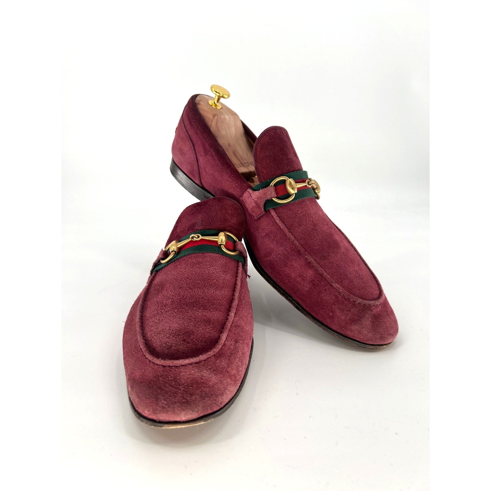 Gucci Jordaan Burgundy Suede Horsebit Loafers Green Red Web Gold Bit UK 12 / US 13