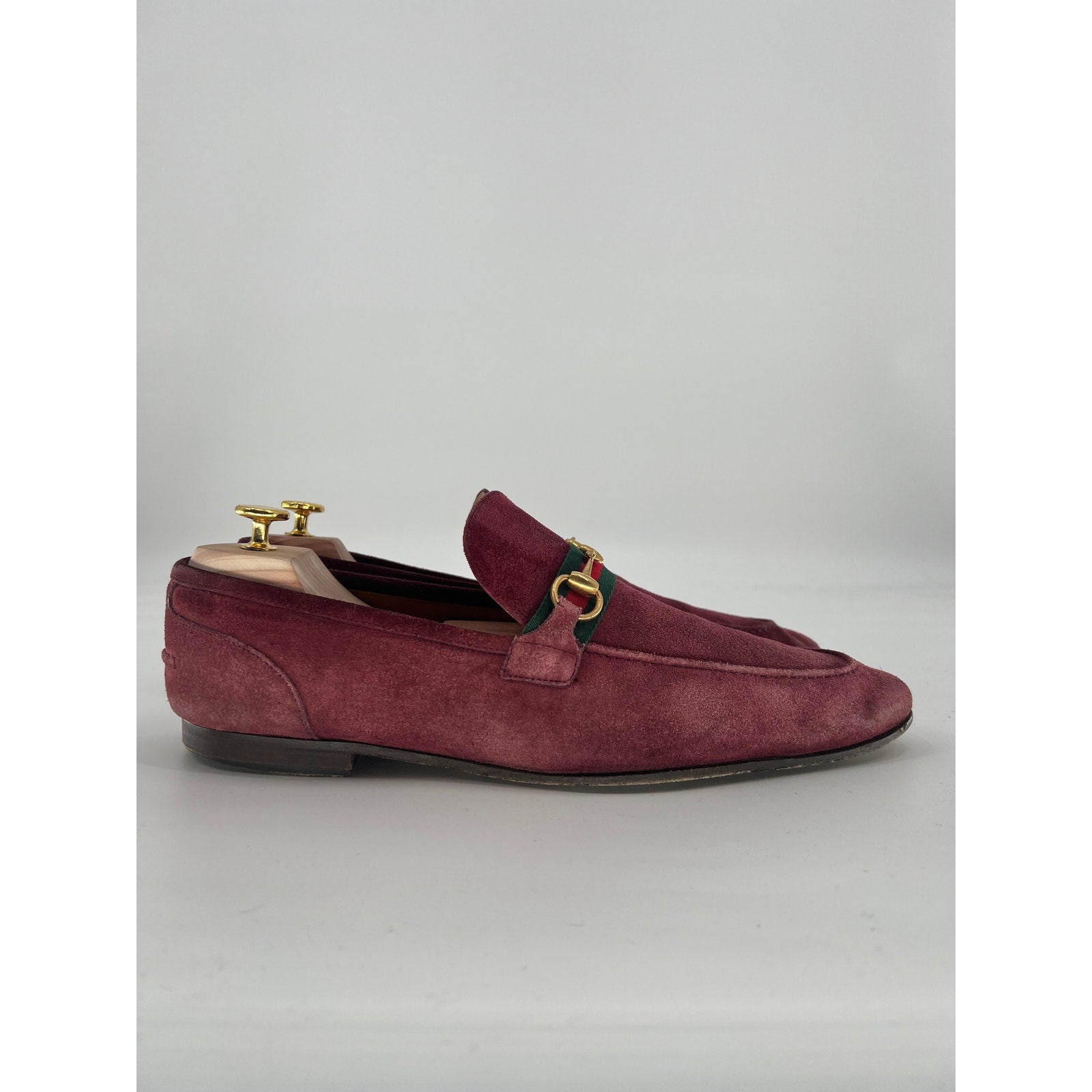Gucci Jordaan Burgundy Suede Horsebit Loafers Green Red Web Gold Bit UK 12 / US 13
