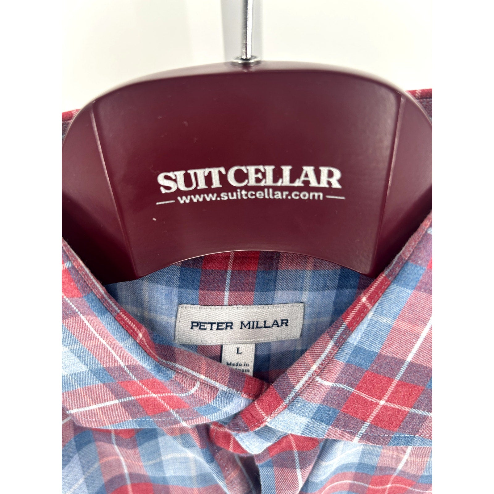 Peter Millar Red-Blue Checkered 100% Cotton Dress Shirt - Size L