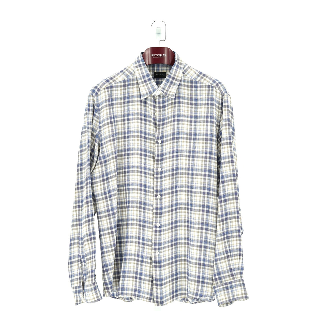 Zegna Blue-White-Light Brown Plaid Dress Shirt - Size XXL
