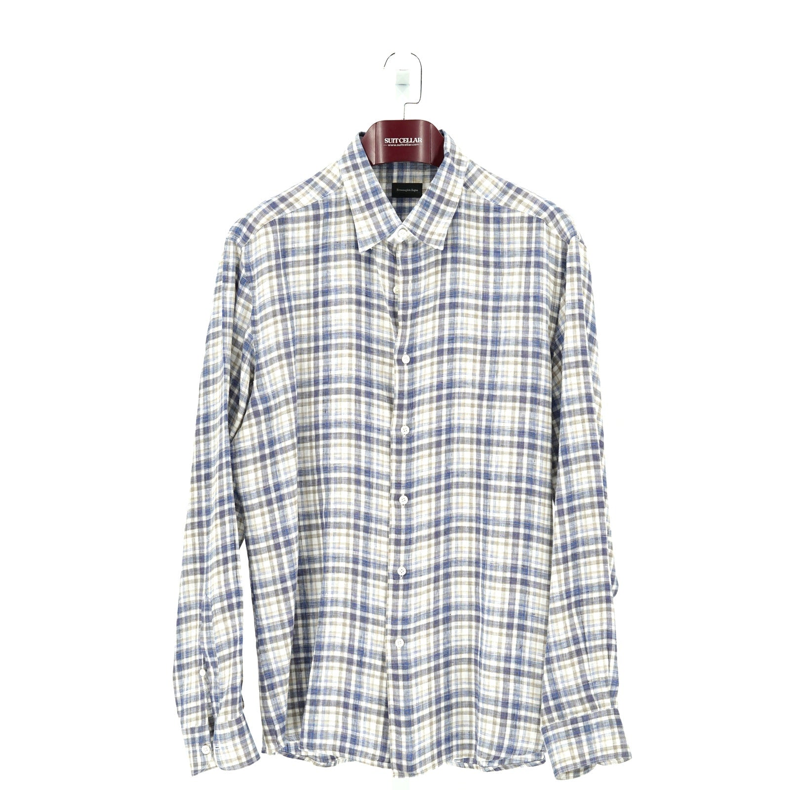 Zegna Blue-White-Light Brown Plaid Dress Shirt - Size XXL