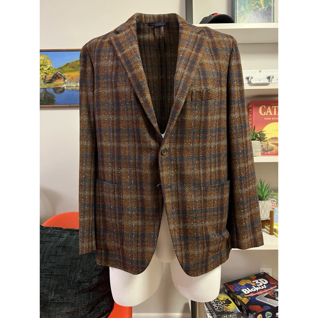 Belvest Tailoring Style Brown & Blue Plaid Tweed Sport Coat 46R