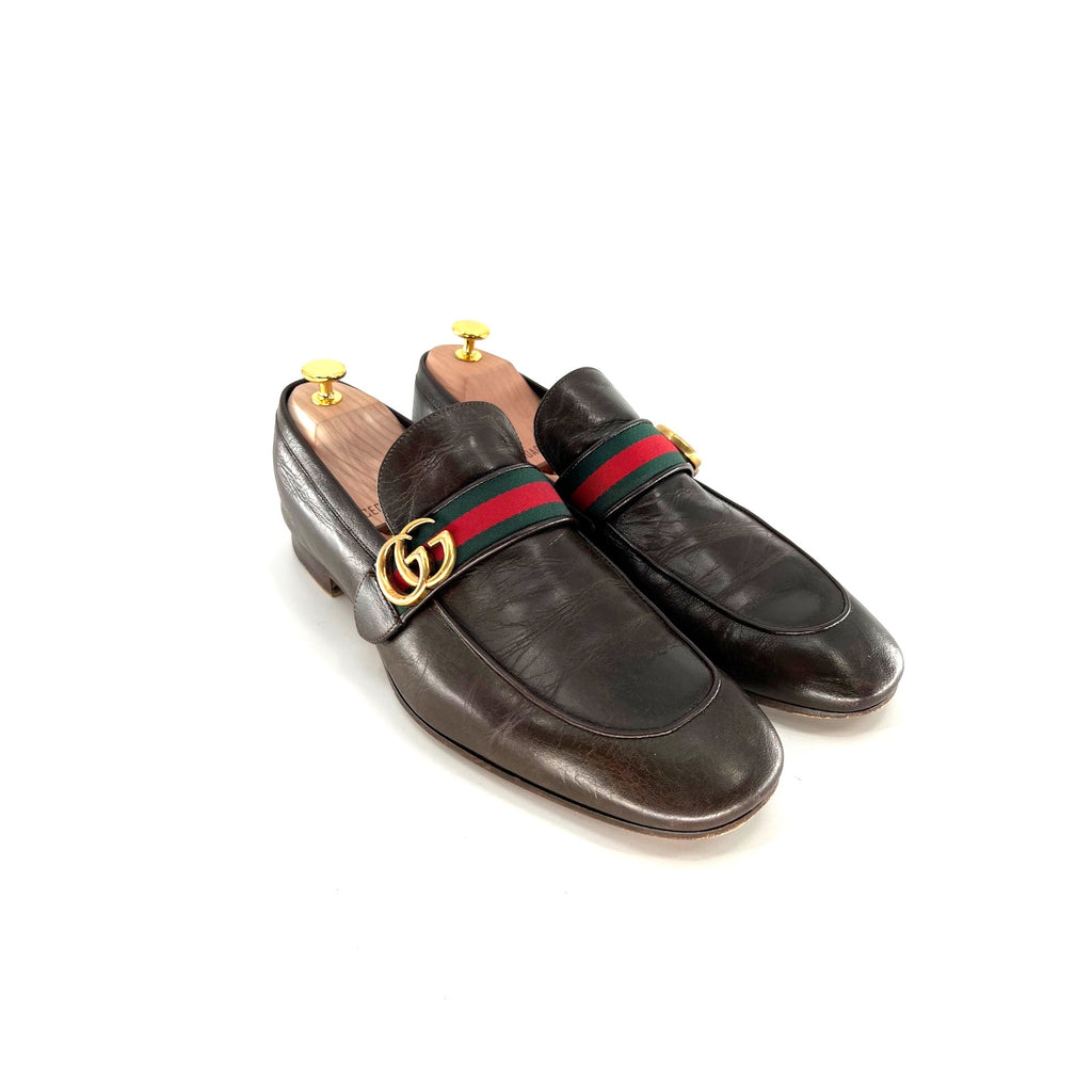 Gucci Donnie Loafers in Dark Brown Leather with Web Stripe – Size 12