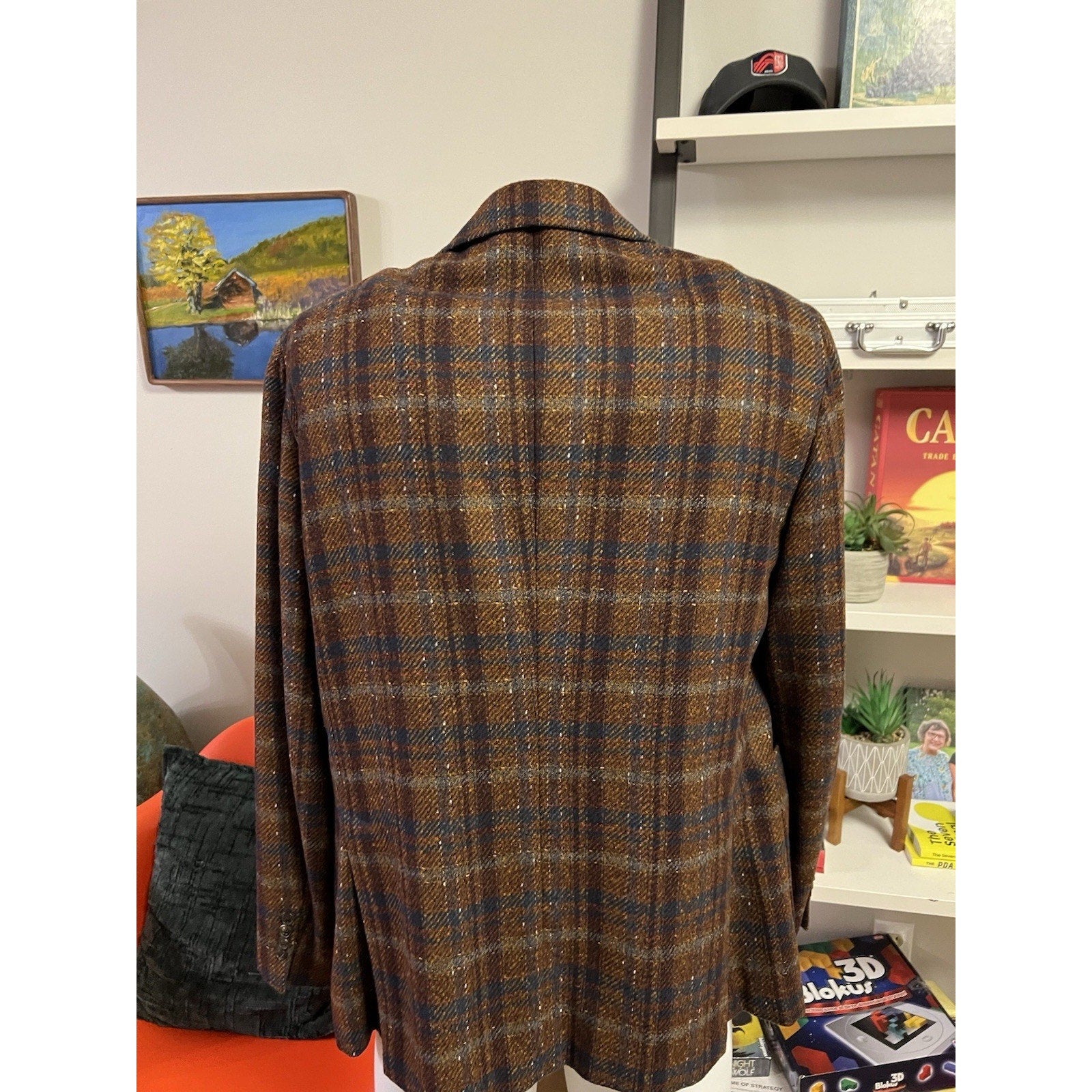 Belvest Tailoring Style Brown & Blue Plaid Tweed Sport Coat 46R